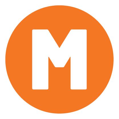 White letter M on orange background.